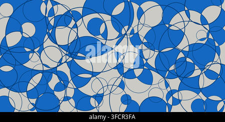 Abstract geometric background featuring overlapping circles and rings in vibrant blue and neutral gray tones. This retro style vector pattern creates Stock Vector