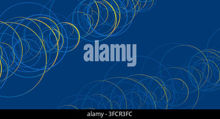 A blue abstract background showcases interconnected, 3D diagonally aligned blue and golden yellow circles, forming a dynamic geometric pattern. The re Stock Vector