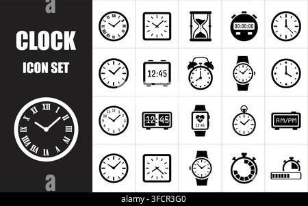 Clock icon set with various timepieces including analog wall clocks digital devices and vintage hourglass styles for web interface. Stock Vector