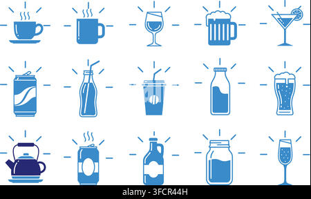 Beverage icons set in blue flat and line styles featuring coffee tea soda and alcohol for bar menu design work. Stock Vector