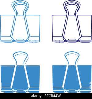 Binder clip icon set with outline and filled paper holder designs for school and office document organization. Stock Vector