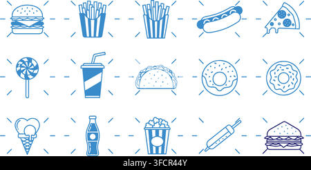 Blue line art fast food icons set features burger fries pizza and drinks for restaurant menu design projects. Stock Vector