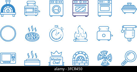 Blue line art icons for kitchen appliances and cooking, showing ovens, toasters, and pizza. Stock Vector
