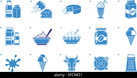 Blue dairy products milk and ice cream vector line icons set containing cheese yogurt cow splash and grater. Stock Vector