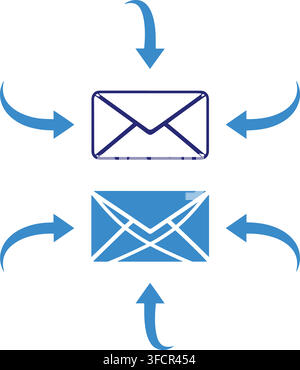 Blue envelope icons with arrows indicating sending and receiving mail for communication and connection symbols. Stock Vector