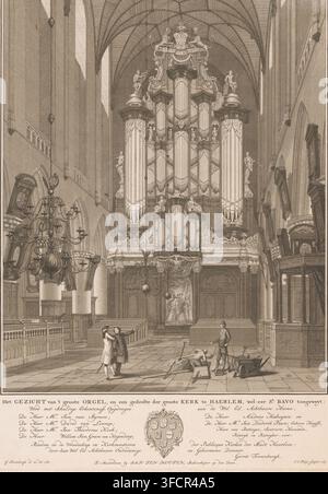 The View of the Great Organ, and a Part of the Great Church in Haarlem, formerly dedicated to St. Bavo, Organ of the St. Bavo Church in Haarlem, print, printmaker: Jan Caspar Philips, after drawing by Gerrit Toorenburgh, publisher: Jan ten Houten, Amsterdam, dedicated to: Council of Haarlem, dedicated to: Churchwardens of the Public Churches of Haarlem, 1763, paper, etching, engraving, etching and engraving, height 452 mm x width 325 mm, Bavo Church (Haarlem)., A detailed interior view of a large, vaulted church featuring a monumental pipe organ with multiple tall, ornate organ pipes framed by Stock Photo