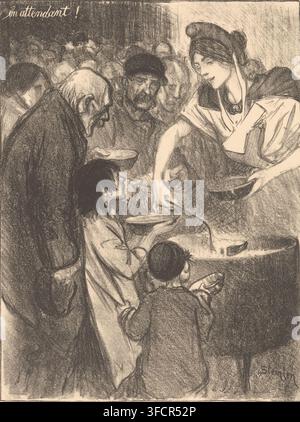 Waiting for a cup of soup, En attendant (original title), print, signature: 'Steinlen', printmaker: Théophile Alexandre Steinlen (signed by artist), publisher: André Marty, Paris, 1895, paper, pencil, lithography, height 383 mm x width 553 mm, the poor, soup-kitchen, cook-shop, broth, soup, Batignolles., A charcoal-style drawing shows a crowded scene with a woman in a light blouse and dark head covering leaning forward to serve from a bowl, her face turned toward a line of people. In the foreground a child with dark hair looks up holding a shallow dish while another child with a rounded Stock Photo