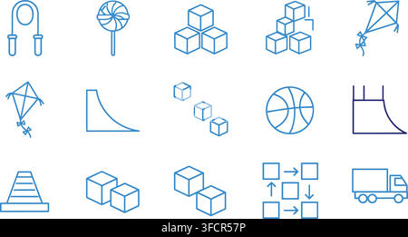 Blue line art icons set depicting various geometric cubes shapes toys and transport for creative web design projects. Stock Vector