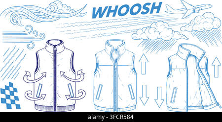 Blue line art vest collection with weather symbols and seasonal icons for outdoor apparel marketing design assets. Stock Vector
