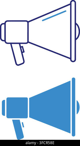 Blue megaphone icons with linear and solid versions for marketing promotion and public announcement visual themes. Stock Vector