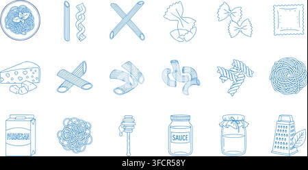 Blue pasta variety outline icons set includes macaroni spaghetti ravioli farfalle cheese and cooking equipment. Stock Vector