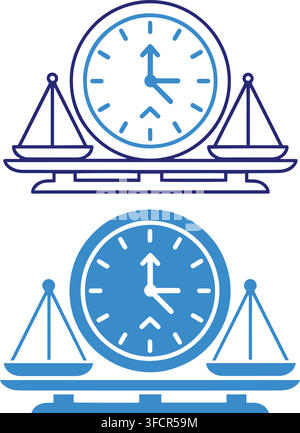 Blue outline clock and scale measurement icons set illustrating time management and balance for corporate planning. Stock Vector