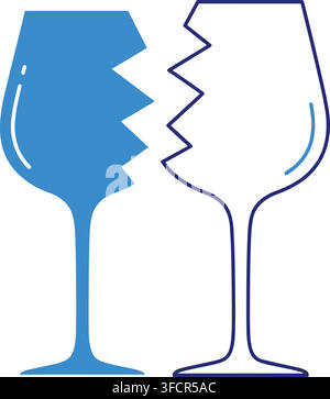 Broken wine glass vector icon set featuring solid blue and outline designs representing damage and fragility. Stock Vector