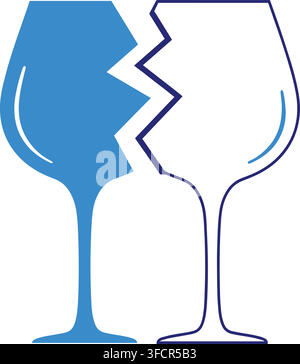 Broken wine glass graphic showing split design in blue tones for warnings fragile shipping or relationship. Stock Vector