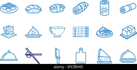 Collection of blue line art icons representing food and drink for menus and culinary presentations. Stock Vector