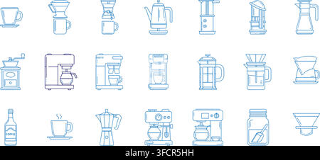 Coffee brewing equipment line icons include espresso machine french press moka pot and grinder for cafe design. Stock Vector