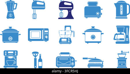 Collection of blue kitchen appliances icons for modern home cooking and professional use. Stock Vector