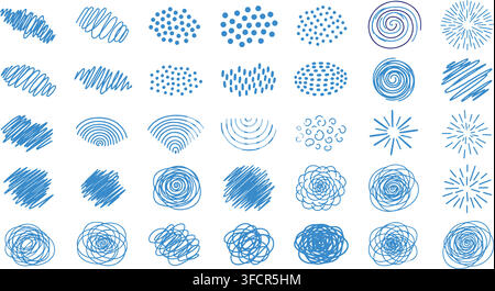 Collection of abstract blue scribbles and circular patterns for decorative backgrounds and artistic textures. Stock Vector