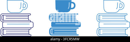 Cup of coffee placed on stacked books icon set in blue outlines for study sessions and academic reading time. Stock Vector