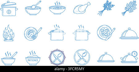 Cooking and kitchen utensil icon set with blue pots pans soup bowls and dinnerware for restaurant menu graphics. Stock Vector