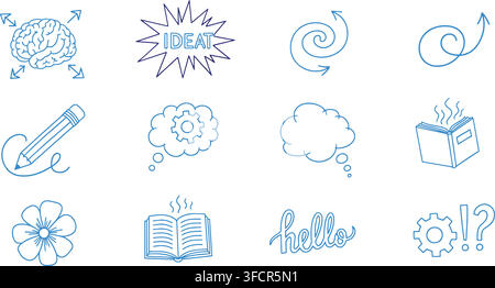 Conceptual blue line art icons representing ideas, creativity, and learning for brainstorming sessions. Stock Vector