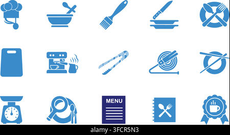 Cooking and kitchen utensil icons set in blue for culinary businesses and restaurant menus. Stock Vector