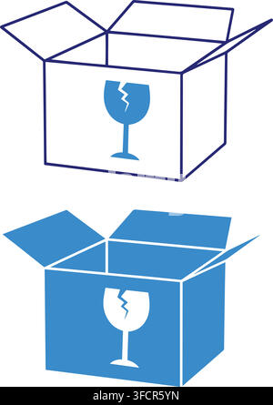 Fragile delivery box icons featuring broken glass symbol in outline and solid blue styles for logistics branding. Stock Vector