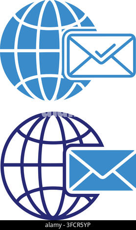 Global email communication icons featuring blue network symbols for digital marketing and business connectivity. Stock Vector