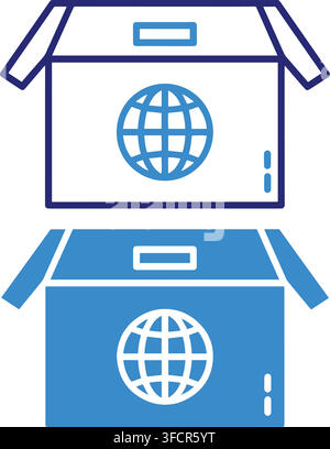 Global shipping cardboard box icons in blue stroke and filled designs for logistics and ecommerce platforms. Stock Vector