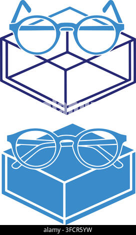 Glasses icons set over box frame in blue line and solid style for retail vision and fashion accessory design. Stock Vector