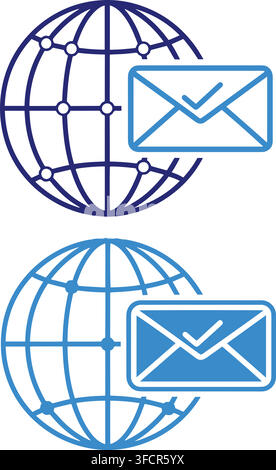 Global mail delivery line and solid icons with blue elements showing globe grid with successfully sent email. Stock Vector