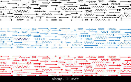 Handdrawn arrows seamless pattern borders in black blue and red representing direction guidelines and flow design. Stock Vector