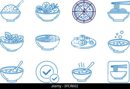 Gourmet culinary food icons set featuring bowl meals noodles pizza and sushi in blue linear style for menus. Stock Vector