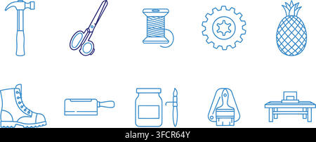 Industrial and crafting tools like hammer, scissors, thread spool, and gear outline design elements. Stock Vector
