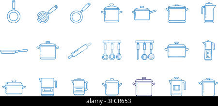 Kitchen utensils line icons set with blue pots pans and boiling tools for culinary preparation and home cooking. Stock Vector