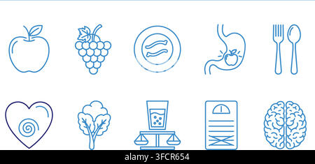 Healthy lifestyle nutrition outline icons set featuring organic food fruits stomach and wellness symbols. Stock Vector