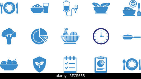 Healthy food and nutrition icons featuring vegetables fruits plate clock and medical drip vector graphics. Stock Vector