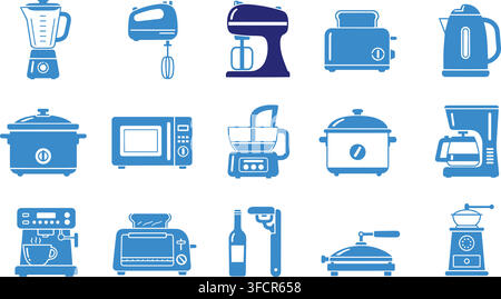 Kitchen appliance set featuring blue icons on transparent background for home cooking and culinary equipment web. Stock Vector