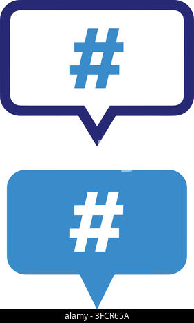Hashtag symbol icons within speech bubble shapes displaying blue outlines and solid designs for social media use. Stock Vector