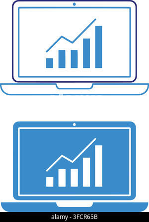 Laptop computer with bar chart and line graph for business analytics and financial report presentation. Stock Vector