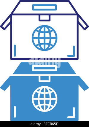 International delivery box icons set with globe symbols and cardboard design templates for logistics shipping. Stock Vector