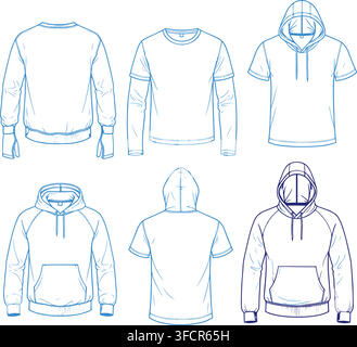 Hoodie and sweatshirt fashion design technical sketch templates in blue outlines for apparel manufacturing. Stock Vector