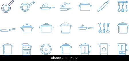 Kitchenware and cooking equipment line icons feature pans pots and utensils for culinary arts and recipe blogs. Stock Vector