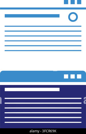 Minimalist browser wireframe UI template in blue and grey showing structured page layout for web developers. Stock Vector