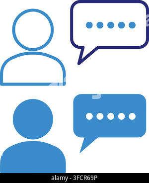 Minimalist blue user profile avatar icons with speech bubbles represent digital communication and customer chat. Stock Vector