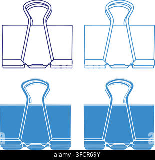 Metal binder clip technical drawing and silhouette set in blue colors for office supplies graphic designs. Stock Vector