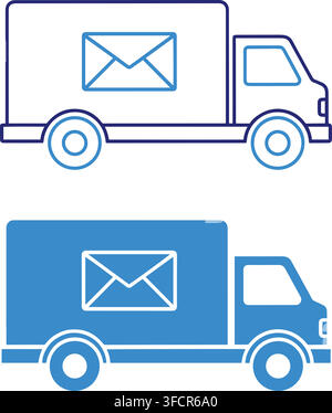 Mail delivery truck transport icons set in blue outline and solid styles for logistics and shipping services. Stock Vector