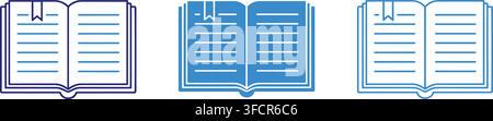 Open notebook and textbook blue outline icons represent education study materials and library resource elements. Stock Vector