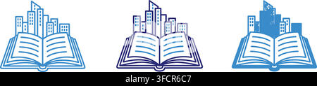 Open book icon with abstract cityscape elements symbolizing knowledge and urban development growth. Stock Vector