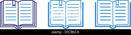 Open book outline icon set featuring blue bookmarks and lined pages for academic reading and educational apps. Stock Vector